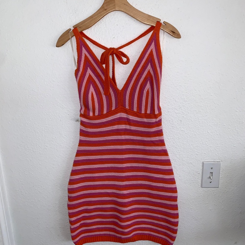 Stitch & Pine‎ Orange Pink Striped Crochet Halter Mini Dress S1496R703 Womens
